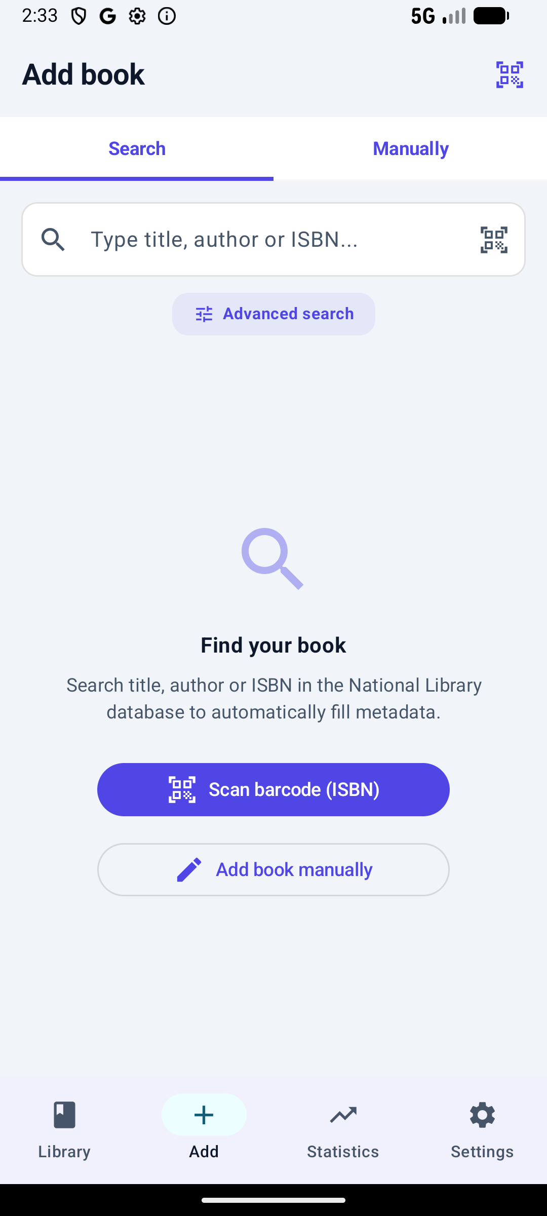 Pantalla de añadir libro